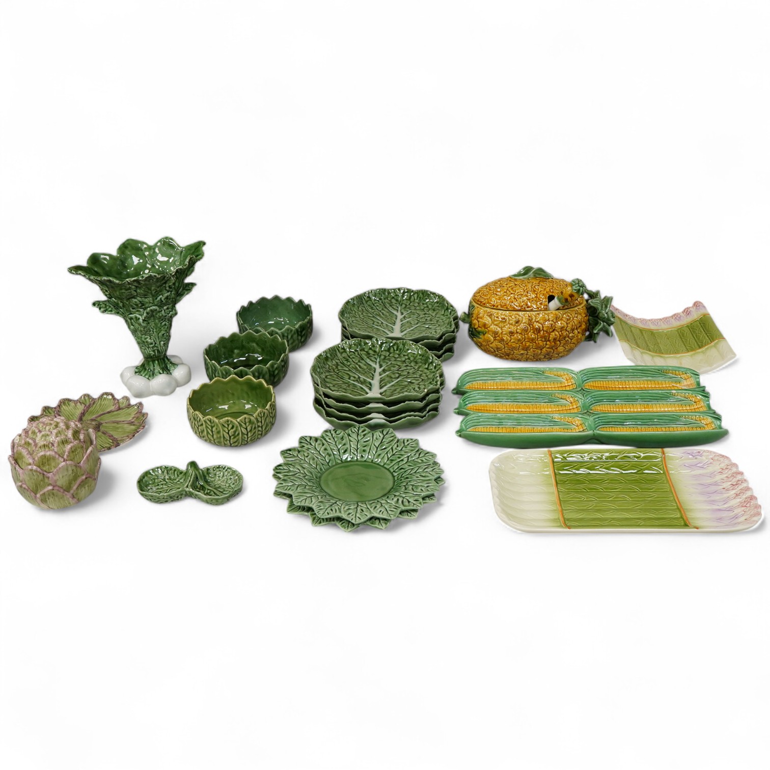 A collection of Portuguese majolica table wares and a dish etc